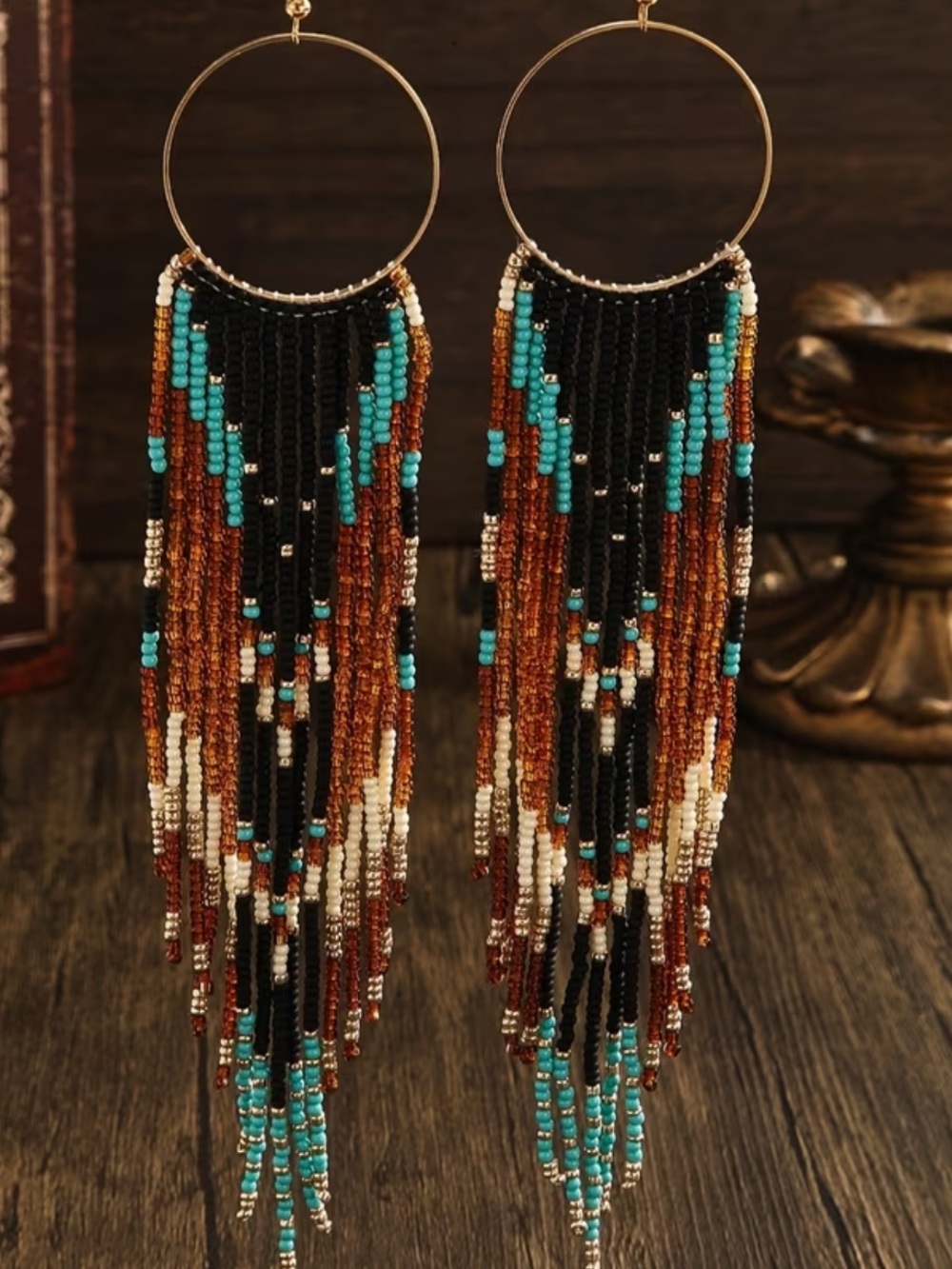 NWT boho western seed bead earrings brown black teal